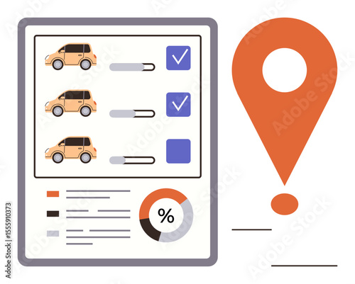 Rental cars listed with selection checkboxes, progress bars, analytics chart, and orange map pin. Ideal for vehicle rental, booking systems, location services, travel planning, business analytics