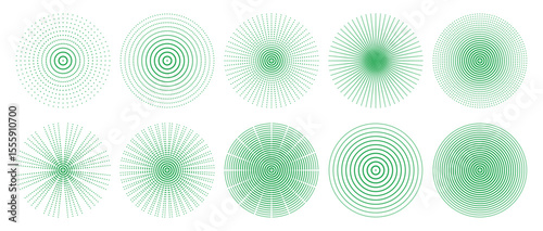 Green halftone circular radial dotted shapes abstract vector design elements set burst motion illusion background isolated on transparent geometric techno minimal round concept symmetrical graphic