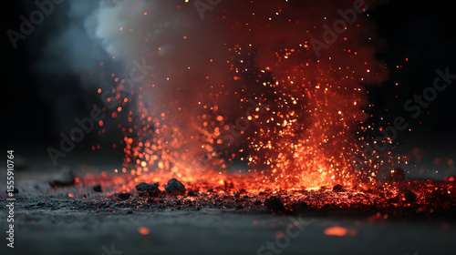 Ember Burst: A shower of glowing ember burst forth, painting the air with fiery sparks and hazy smoke against a dark canvas.