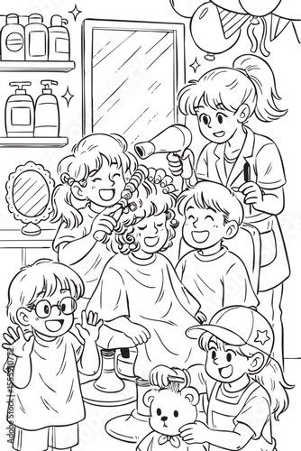 Coloring page kids having fun at hair salon with stylist and toys
