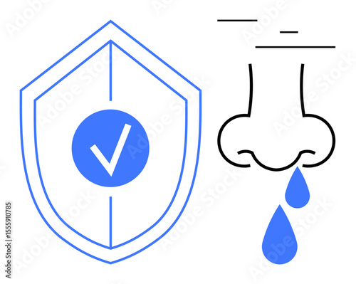 Shield with checkmark symbolizes protection beside a nose with droplets signifying allergies or illness. Ideal for healthcare, hygiene, immunity, allergies, prevention, medical teaching, simple