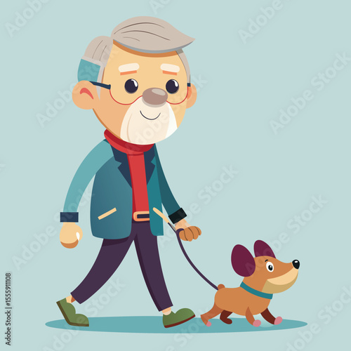 Elderly man walks happy dog old man walking