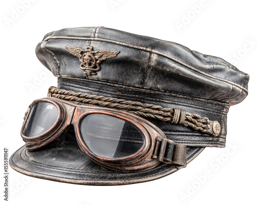 Vintage pilot cap with attached goggles made of worn black leather and decorative rope, featuring metallic winged emblem, evoking nostalgic and adventurous spirit