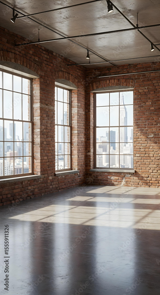 Obraz premium Wide-angle loft studio interior with warm exposed brick, large industrial windows, and polished concrete floors.