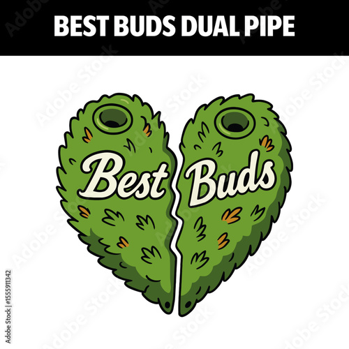 Cartoon Best Buds Dual Pipe Vector Illustration – Cannabis Heart Friendship Pipe