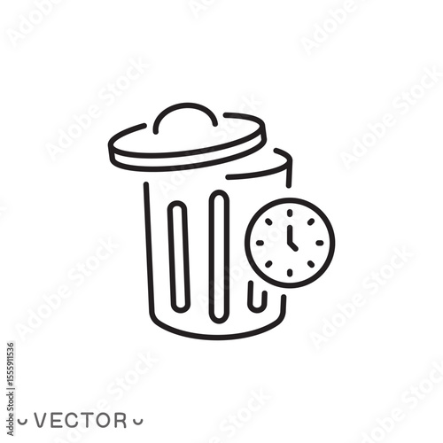 trash bin with clock icon, hour cleaning, wasting time, recycle time, waste concept, thin line symbol isolated on white background, editable stroke eps 10 vector illustration