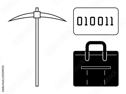 Pickaxe, binary code, and briefcase symbolizing blockchain, cryptocurrency, data mining, and technological advancements. Ideal for finance, innovation, networking technology entrepreneurship
