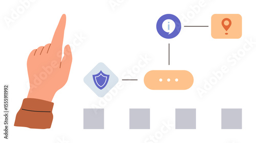 Hand pointing at modular icons linked in a user interface-style flowchart, including shield, information, and location markers. Ideal for UX design, digital navigation, decision-making, app