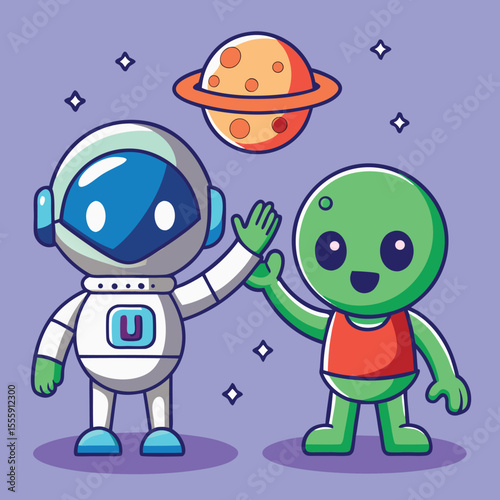 Astronaut and alien high five cartoon space planet