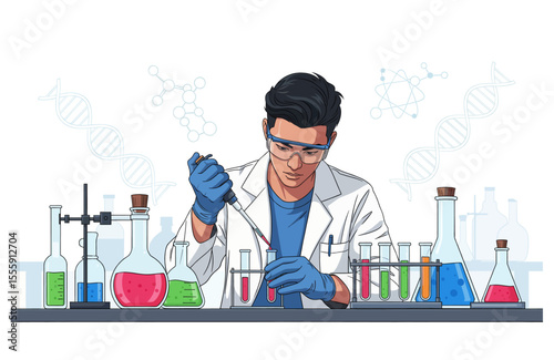 Illustration of a young researcher working with test tubes and a pipette. Representing scientific research. Scientist Conducting an Experiment in a Laboratory. Modern Science Illustration