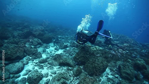 Wallpaper Mural Divers explore the seabed, navigating rocky terrain. Sunlight filters through the surface as bubbles ascend. An underwater journey in the Galapagos Islands, a vibrant marine ecosystem. Torontodigital.ca