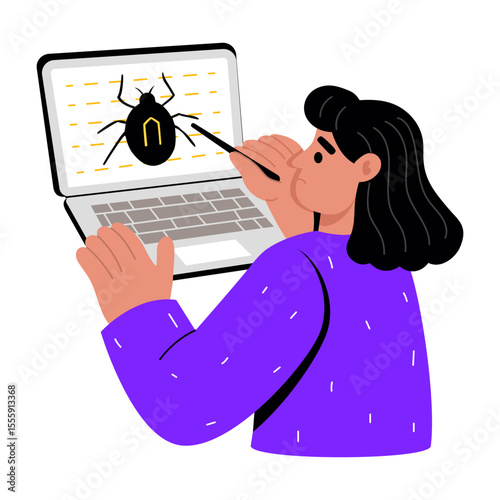A flat style illustration showing a person detecting malware