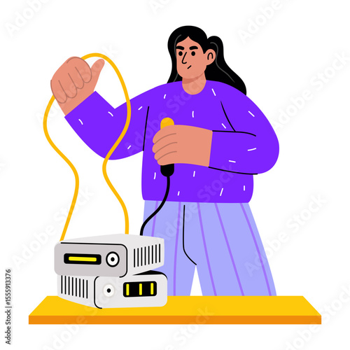 A flat style illustration showing a person connecting cables