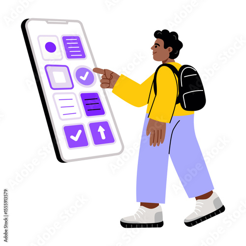 A flat style illustration showing a person using an education app