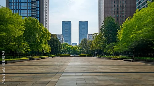 Urban park plaza with towering buildings