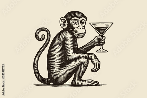 Monkey with cocktail glass vintage engraving vector illustration