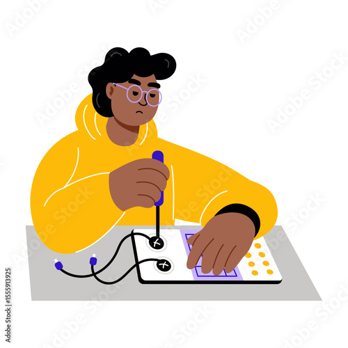 A flat style illustration showing a person repairing circuit board