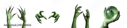 Set of gnarled green witch hands with long sharp nails reaching out and holding a magical crystal ball isolated on transparent PNG background