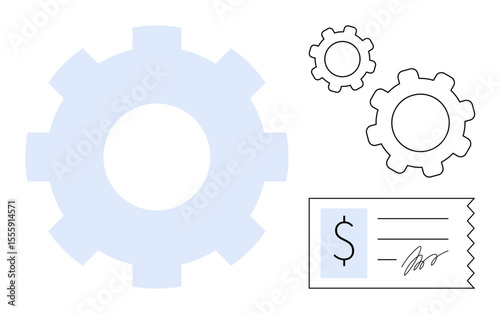 Large gear with smaller gears and a signed invoice highlighting teamwork, technology, automation, finance, billing, business operations, and optimization. Ideal for simple landing page