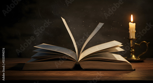 Literary Luminescence: An open book, its pages illuminated by the soft glow of a candlelight, against a dark background, creates a sense of tranquility. 