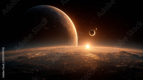 Serene planetary scene in deep space, featuring bright orbital glow and expansive starlight