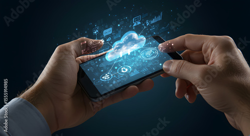 Digital Connection: A close-up shot features hands interacting with a smartphone, illuminating a cloud-like digital network interface against a dark background. 