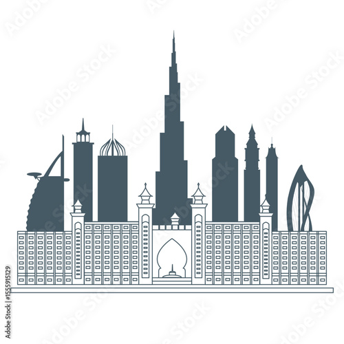 United Arab Emirates skyscrapers silhouette. Dubai buildings, hotels and symbol vector illustration. Dubai city skyline. Towers and landmarks cityscape. Camel. Design for banner, poster or print.