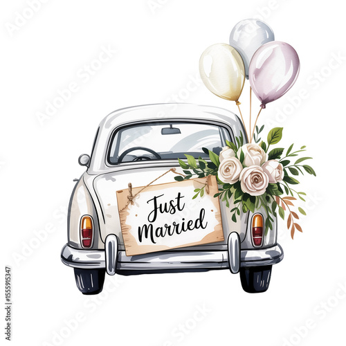 A vintage car is adorned with a Just Married sign, accompanied by pastel balloons and a bouquet of roses.