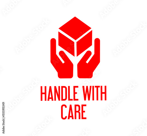 HANDLE WITH CARE contain the icon and white background. There are two palm indicate handle with care logo. box including in this handle with care vector. Handle with care letter in bottom on logo.