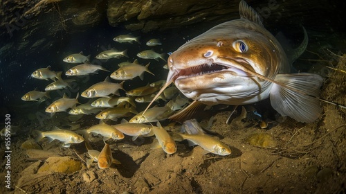 Catfish Ambush Captured Underwater in Murky Riverbed at Dawn