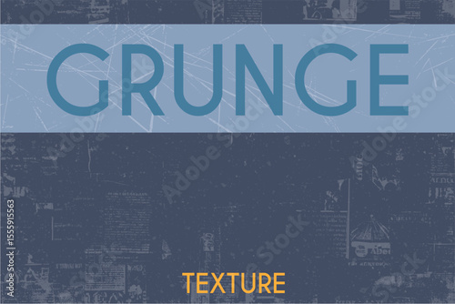 Blue newspaper grunge texture background. Urban distressed collage with scratch marks, faded text and vintage worn effect.