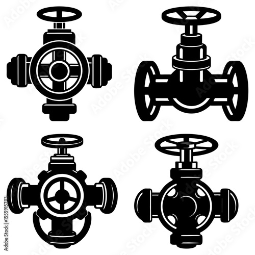 Illustration of four black and white pipeline valves with different designs and wheel handles on top