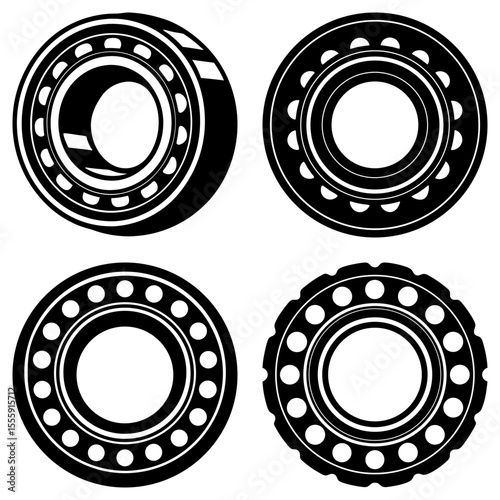 Four black and white circular bearings with ball bearings in a symmetrical arrangement shown together