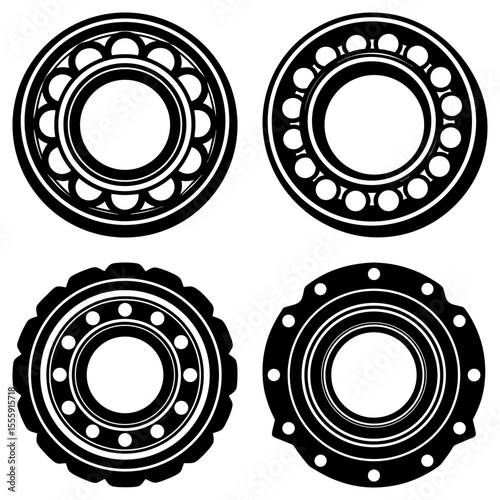 Illustration of four different kinds of ball bearings with varying designs and outer structures shown in black