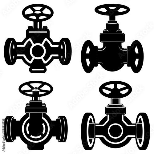 Four black and white vector illustrations of industrial pipe valves with wheel handles shown
