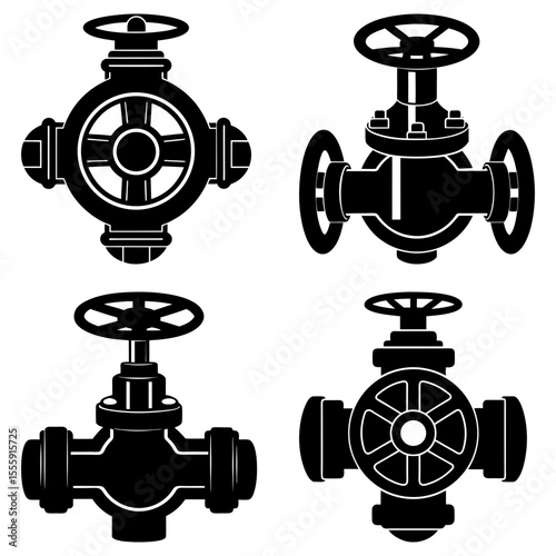 A collection of four black and white industrial valve illustrations on a white background display image