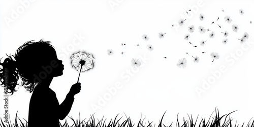 Child blowing dandelion seeds in a grassy field during sunset, creating a serene and whimsical atmosphere with silhouettes