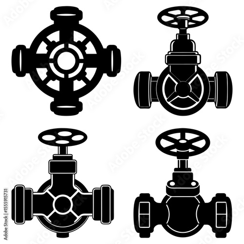 Illustration showing four different black and white industrial valve designs in a square arrangement