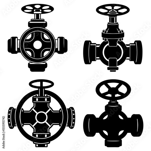 Illustration of four black and white industrial valve designs on a white background in vector format