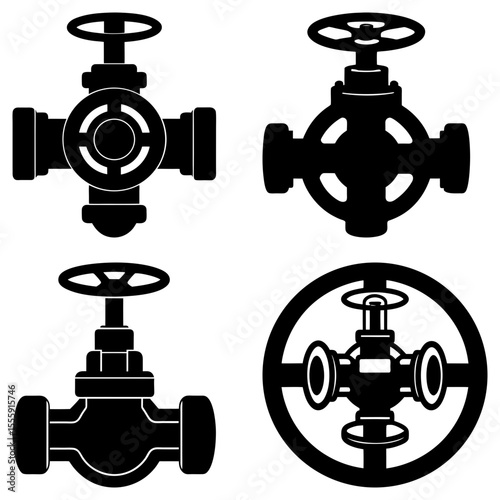 Four black and white valve illustrations showcasing different valve designs and configurations clearly displayed