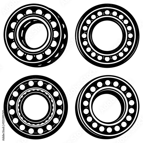 Four black and white circular ball bearings arranged in a square formation on a white background design