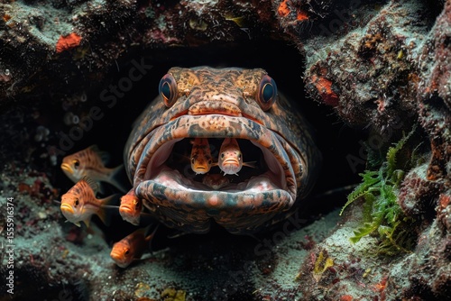 Brown Grouper Ambush Hunting Small Orange Fish on Rocky Seabed Underwater