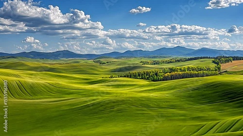 Rolling hills of vibrant green fields under a vast blue sky