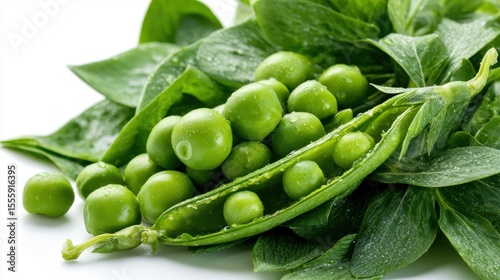 Fresh green peas in pod with water droplets on white background