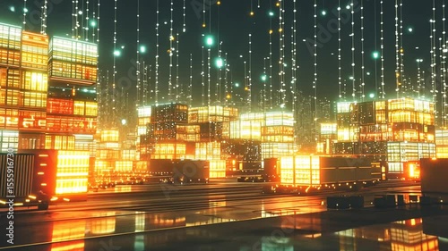 Futuristic city at night with glowing containers and trucks
