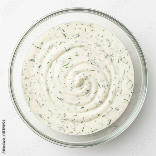 Top View of Creamy Ranch Dip with Herbs in Borosilicate Glass Bowl Isolated on White
