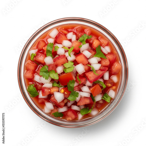 Top View of Salsa Roja in Borosilicate Glass Bowl Isolated on White