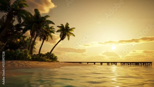 Tropical island beach sunset with wooden pier and palm trees