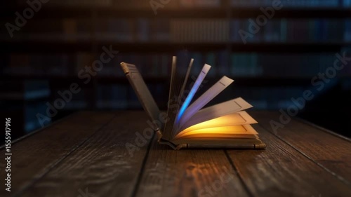 An antique closed book opens, the pages turn by themselves and glow mystically