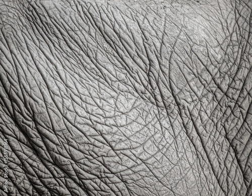 High-detail shot of an elephant’s thick, cracked skin in grayscale lighting.